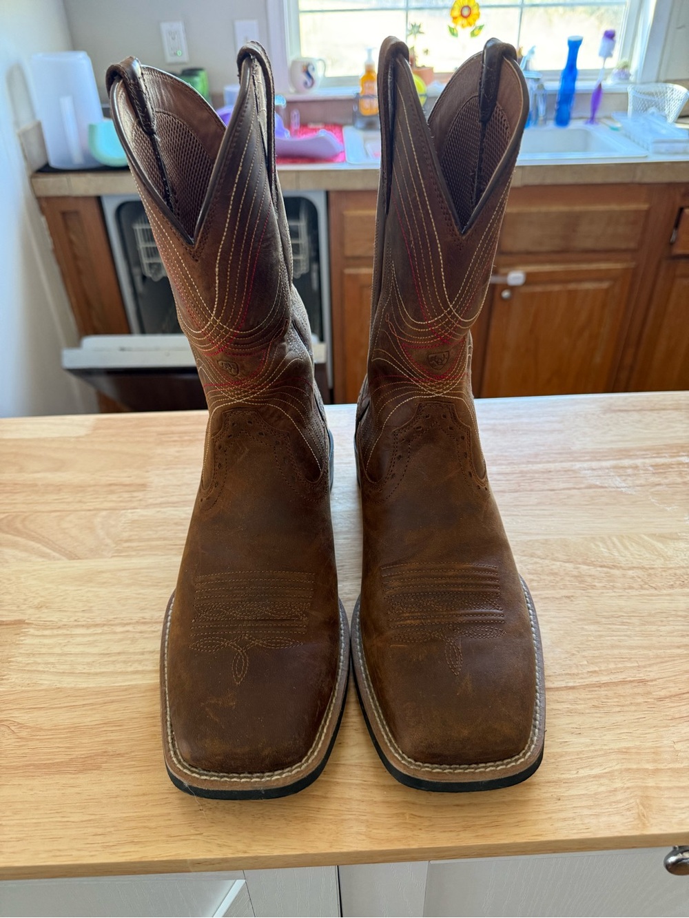 Ariat Brown Leather Cowboy Boots with Subtle Red Stitching
